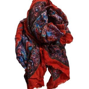 Vintage Vibrant Red and Blue Scarf- XL size
